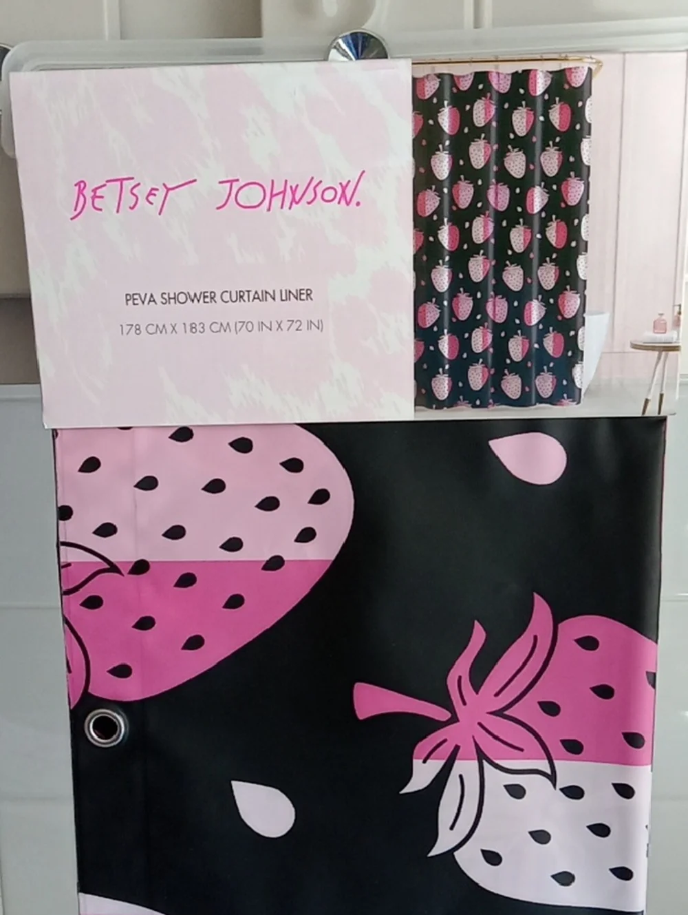 Betsey Johnson Pink & Black Strawberry Print Shower Curtain Liner